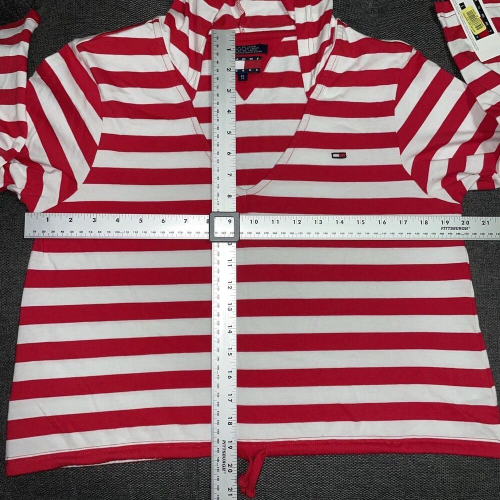 Tommy Hilfiger Red & White Striped V-Neck Hoodie Top - Picture 7 of 13